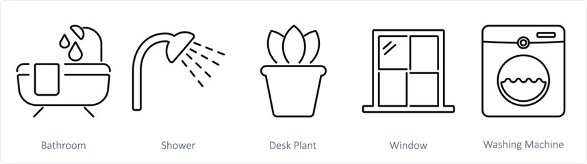 A set of 5 Home Interior icons as bathroom, shower, desk plant