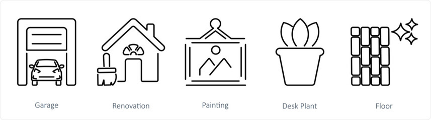 A set of 5 Home Interior icons as garage, renovation, painting