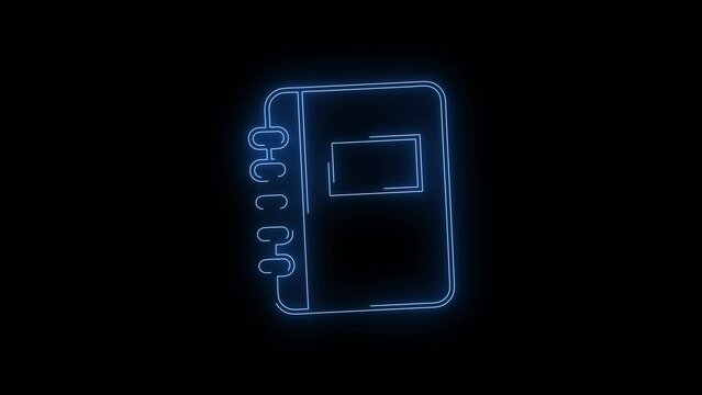 Video footage of glowing Notebook neon icon. Looped Neon Lines abstract on black background. Futuristic laser background. Seamless loop. 4k video