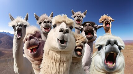 A group of alpacas smiling for a photo - obrazy, fototapety, plakaty