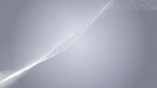 Abstract clean white and gray  digital dynamic particle waves with light motion lights background, data flow, cyber technology. 3D rendering. Seamless loop 4k video. Screensaver video animation.