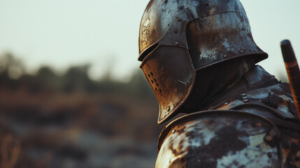 Medieval knight in helmet outdoors.
