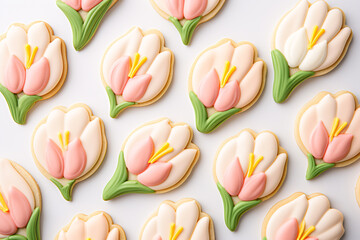 Top view of beautiful tulip flower shaped cookies with icing - obrazy, fototapety, plakaty