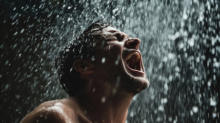 Man screaming in the rain.