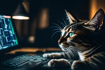 a cat using computer.
 - obrazy, fototapety, plakaty