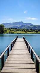 Fototapeta premium A Serene Wooden Dock Overlooking a Tranquil Lake