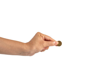 Hand and Coins used for payment in Thailand on transparent background