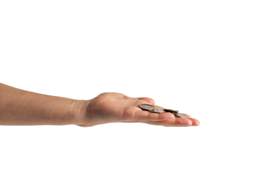 Hand and Coins used for payment in Thailand on transparent background