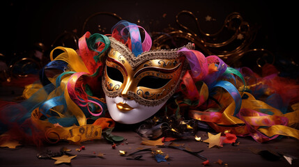 Carnival Party - Venetian Mask With Colorful Streamer And Whistle, Ai generated image 
