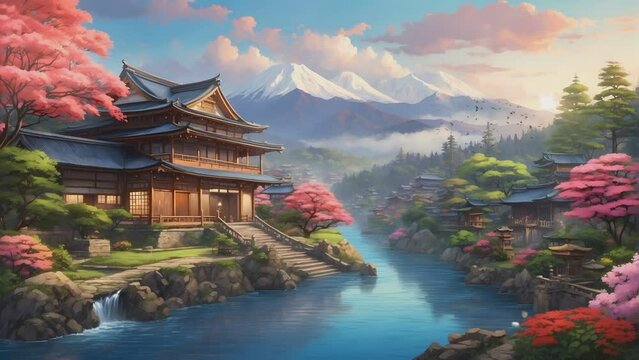Bright ambience landscape of beautiful stunning morning sky, spring, mountains, vast lake, with simple animation in Japanese anime watercolour style. A smooth looping video perfect for your projects.