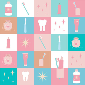 Vector oral care dental quilt seamless pattern or background with abstract geometric, simple shapes. Mouth cleaning tools, brushes, paste, floss, tooth, rinse or mouthwash.