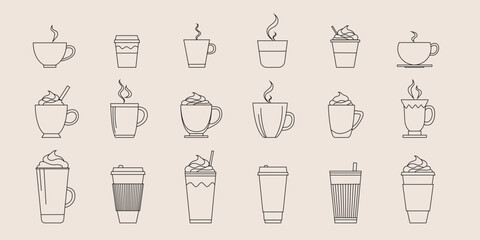 Set of drinks in different cups, mugs and paper cups. Coffee, juices, tea, milkshake. Set of vector icons. Isolated symbols for cafe, breakfast and drink design.