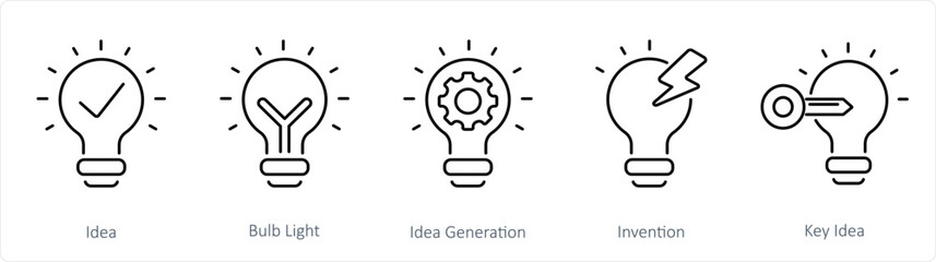 A set of 5 Idea icons as idea, bulb light, idea generation