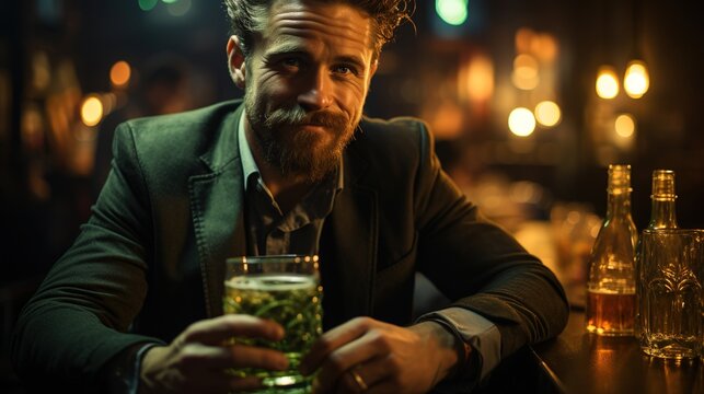 Young handsome man with a beard with a beer in a bar on a dark blurred background - Powered by Adobe