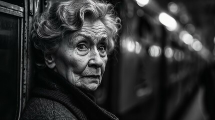an older jose standing on the subway platform next to a window