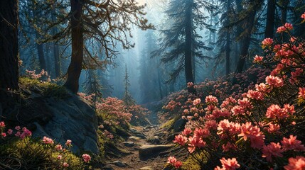 a trail that is next to some bushes and flowers in the middle of it - obrazy, fototapety, plakaty