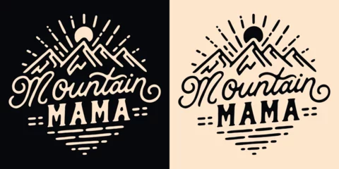  Mountain mama lettering mothers day gifts. Mountains lover retro vintage boho badge. Sun landscape outline minimalist illustration. Rock climber and hiker quotes for t-shirt design and print vector. © Pictandra