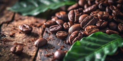 Obraz premium Roasted coffee beans with green leaves on a vintage distressed wooden background, top view with copy space.