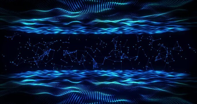 Abstract glowing wave of particles and dots moving on blue background, big data visualization, futuristic and digital background with plexus, 3D, 4K, seamless loop.