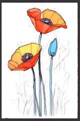 Beautiful stylized simple poppy one line pencil drawing colorful ink and partly pastel color dot, Illustrations, Flower art.