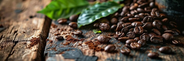Roasted coffee beans with green leaves on a vintage distressed wooden background, top view with...