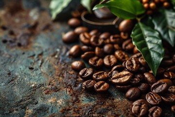Obraz premium Roasted coffee beans with green leaves on a vintage distressed wooden background, top view with copy space.