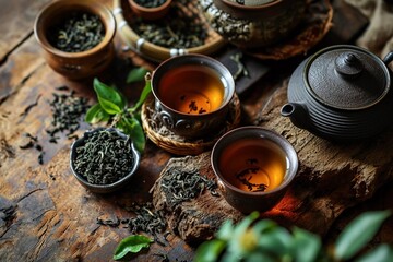 Herbal tea background. Tea cups with various dried tea leaves and flowers shot from above on rustic wooden table. Assortment of dry tea in ceramic bowls