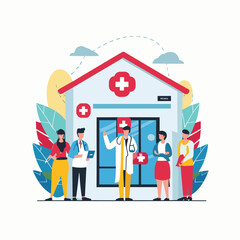 2d vector illustration colorful The medical field and care between the patient, the doctor, the nurse and the hospital