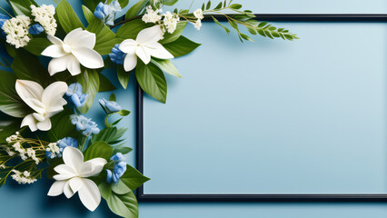 blue background with frame and flower