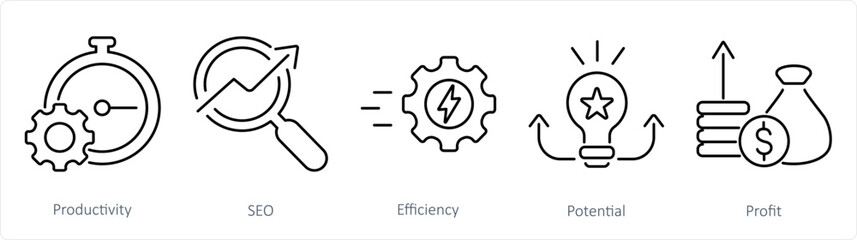 A set of 5 Increase Sale icons as productivity, seo, efficiency