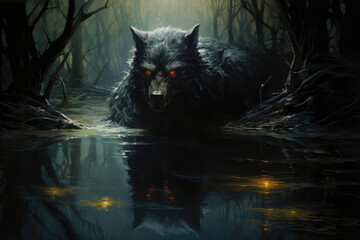 Artwork of a werewolf and its reflection in a rippling forest pond under moonlight