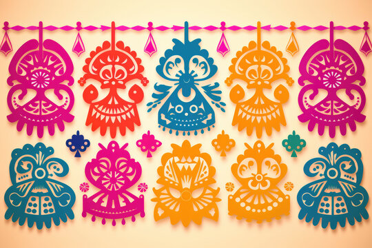 A minimalistic illustration of a colorful papel picado banner, portraying intricate cut-out patterns