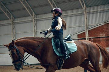 Little girl, kid, equestrian sitting in special uniform and helmet on horse, training on pavilion,...