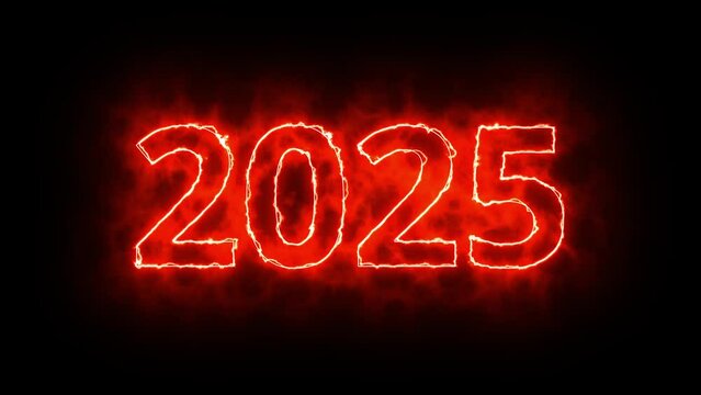 2025 feuerrote gl&uuml;hende Jahreszahl, exklusiv, leuchtend, Silvester, Jahreswechsel, Kalender, Neujahr, Datum, Feuerwerk