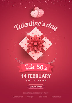 Poster or banner with red background and pink red hearts. Place for text. Happy Valentine's day sale header or voucher template with hearts and gift box.