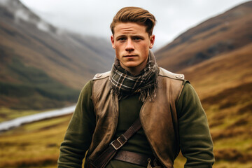 A young attractive guy stands in a national Scottish costume against the backdrop of green misty hills - obrazy, fototapety, plakaty