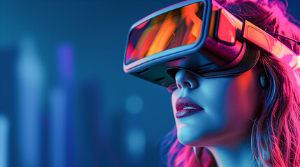 Surprised woman wearing VR goggles in a space with neon lights