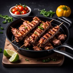 photograph of a freshly fried pork kebab sticks in a pan on a table-dark background with soft-lightening
