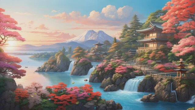 Stunning spring landscape, mountains and lakes ,afternoon sky with cherry blossom tree animation in Japanese anime watercolour style. A smooth looping video perfect for your projects.