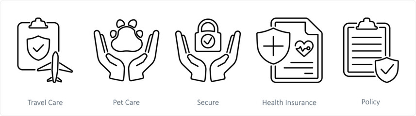A set of 5 Insurance icons as travel care, pet care, secure