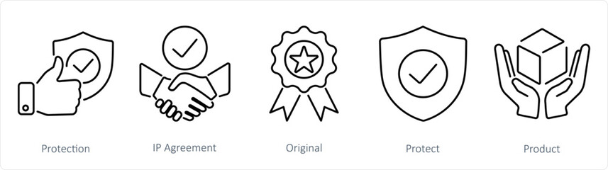 A set of 5 Intellectual Property icons as protection, ip agreement, original