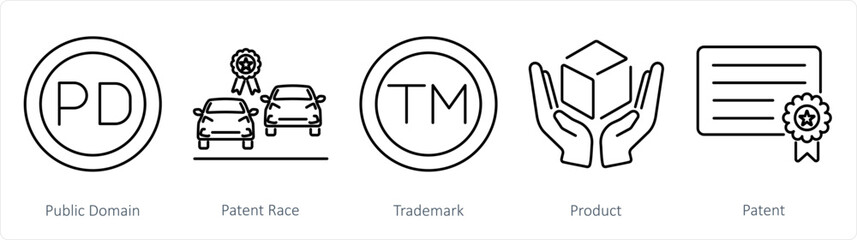 A set of 5 Intellectual Property icons as public domain, patent race, trademark