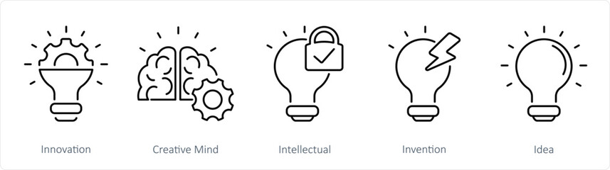 A set of 5 Intellectual Property icons as innovation, creative mind, intellectual