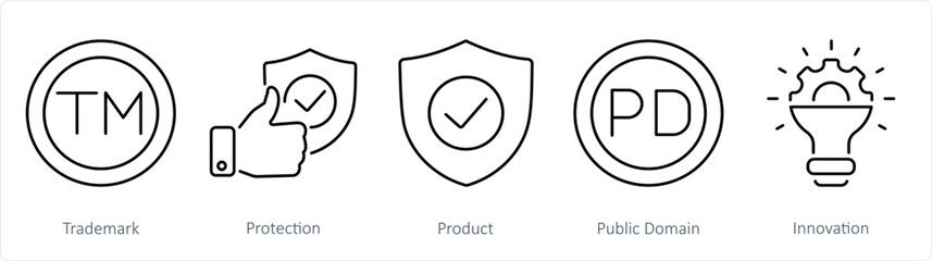 A set of 5 Intellectual Property icons as trademark, protection, product
