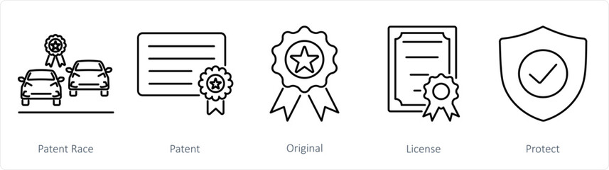 A set of 5 Intellectual Property icons as patent race, patent, original
