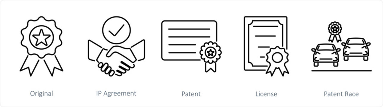 A set of 5 Intellectual Property icons as original, ip agreement, patent