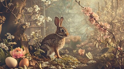 Symbols of spring, rabbits, eggs and blossoms, springtime and Easter concept.