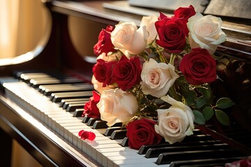 Obraz na płótnie Canvas Beautiful roses placed on a piano symbolize bright, joyful love on every occasion and Valentine's Day festival generative ai .