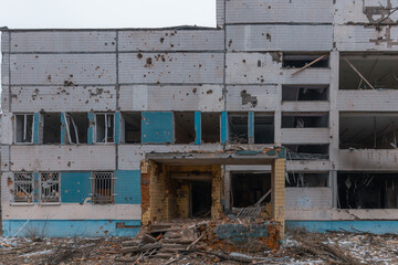 Destruction of a maternity hospital after being hit by a ballistic missile during the war in Ukraine and Russia. War. Medical institution. Direct hit to the building