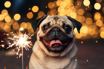 A pug dog and sparklers on a festive background. Christmas atmosphere and pet portrait. funny face. - obrazy, fototapety, plakaty
